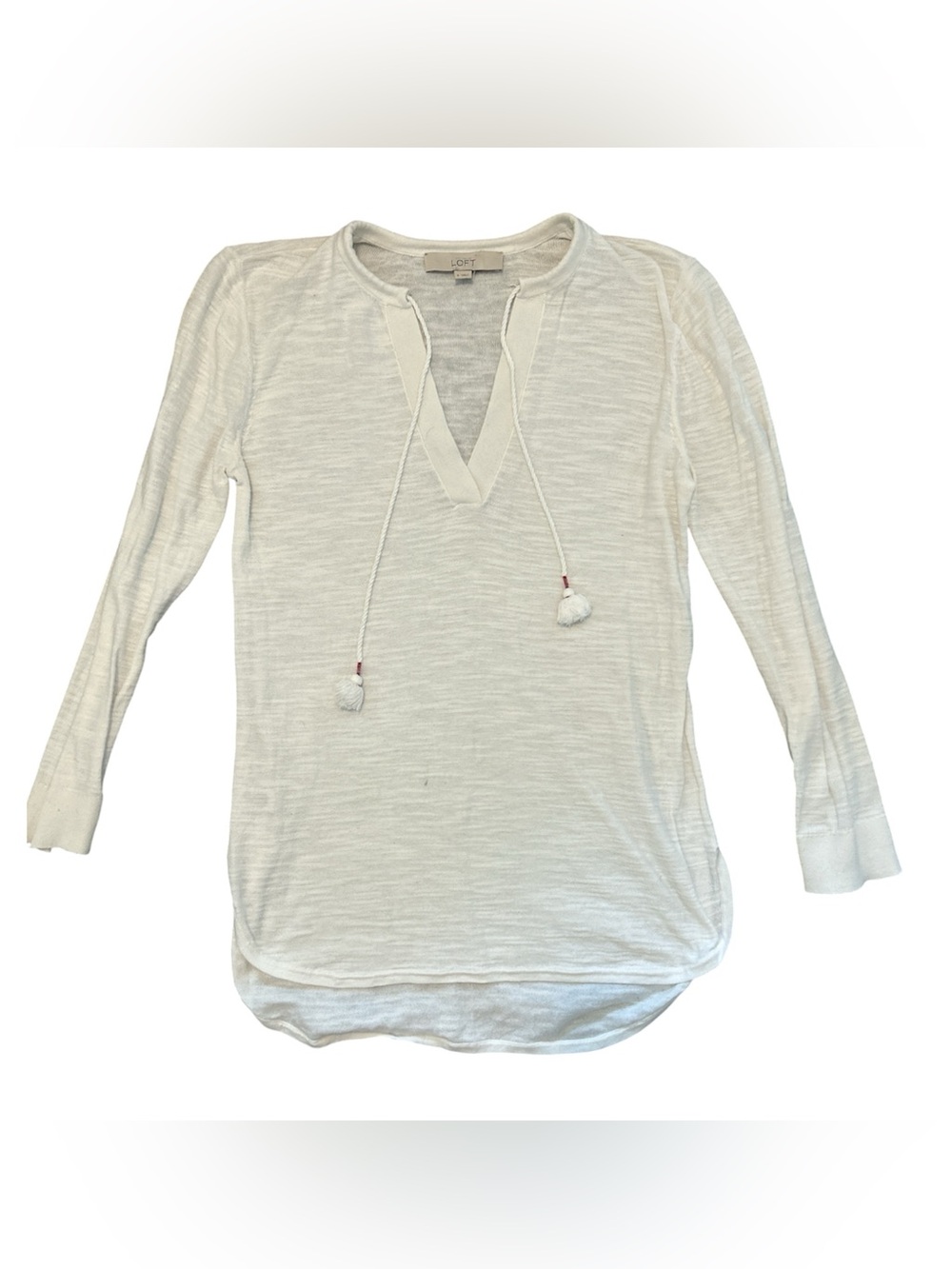 LOFT Ann Taylor White Long Sleeve Tassel Tie Neck Knit Tunic Top Women’s Small